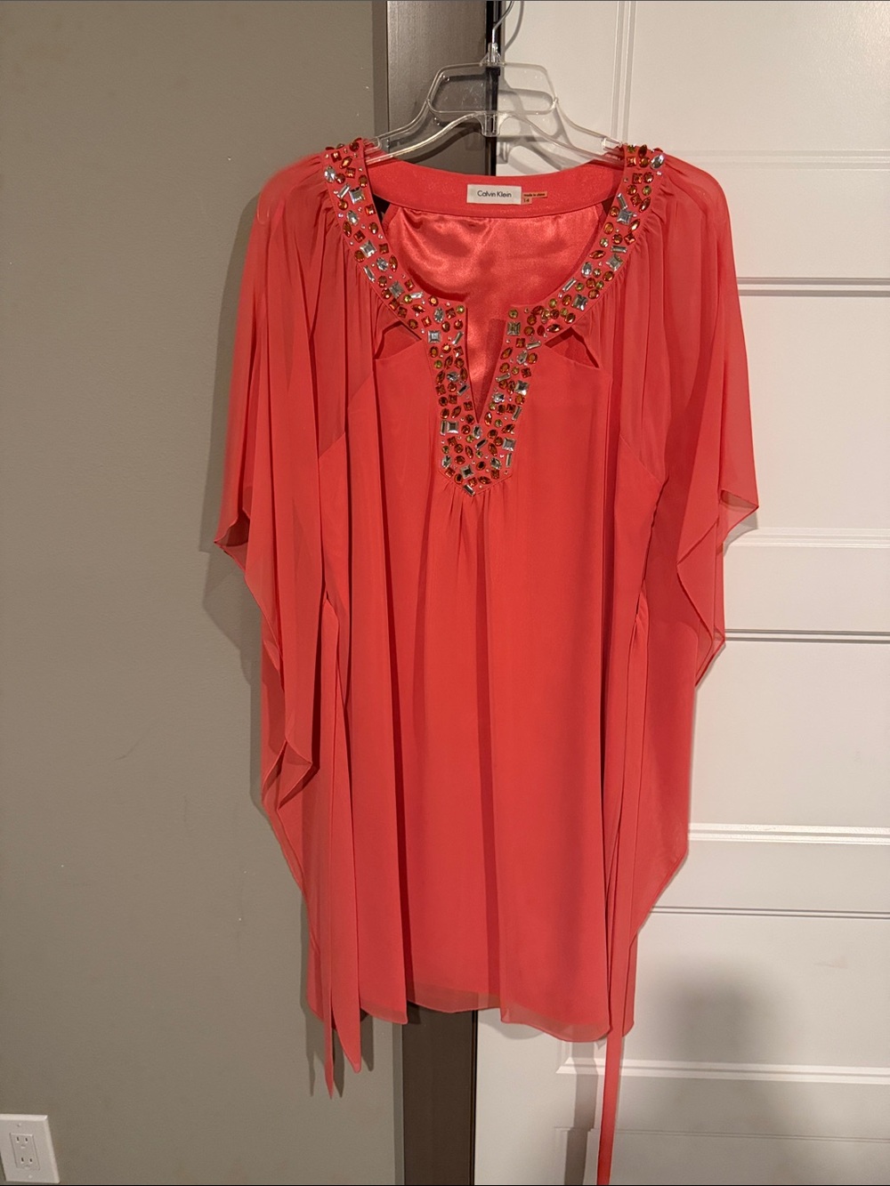 Calvin Klein Coral Beaded V-Neck Midi Dress